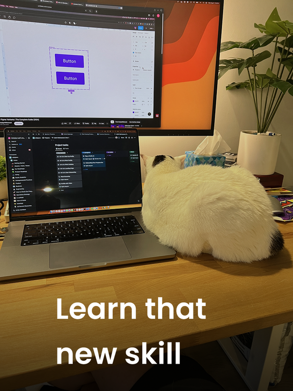Laptop on a desk with a computer screen displaying code and a plush toy, with text 'Learn that new skill'.