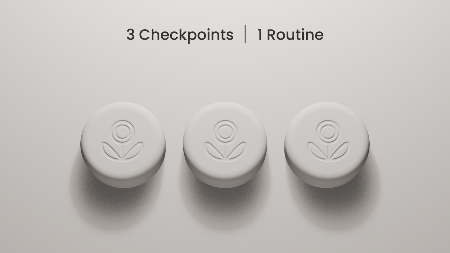 Pokito 3D render showing three checkpoints for one daily routine.